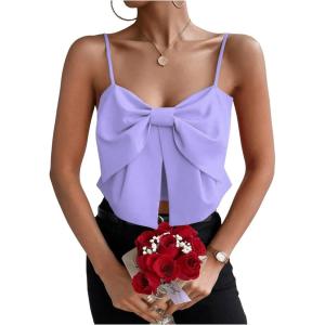imageSHENHE Womens Bow Front Sleeveless Spaghetti Strap Shirred Cami Tank Crop TopsMauve Purple