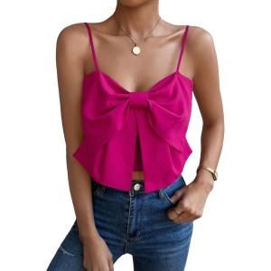 imageSHENHE Womens Bow Front Sleeveless Spaghetti Strap Shirred Cami Tank Crop TopsRed Violet