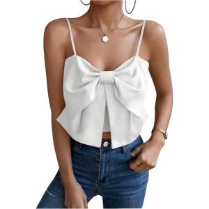 imageSHENHE Womens Bow Front Sleeveless Spaghetti Strap Shirred Cami Tank Crop TopsWhite