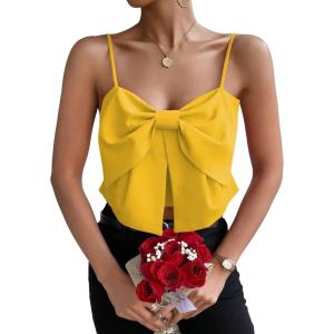 imageSHENHE Womens Bow Front Sleeveless Spaghetti Strap Shirred Cami Tank Crop TopsYellow