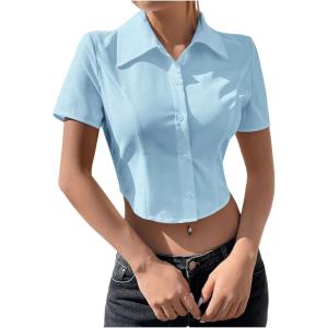 imageSHENHE Womens Button Up Short Sleeve Collared Asymmetrical Cropped Shirt Top BlouseBlue