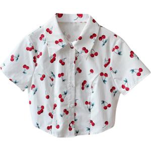 imageSHENHE Womens Button Up Short Sleeve Collared Asymmetrical Cropped Shirt Top BlouseWhite Cherry Print