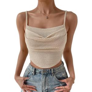 imageSHENHE Womens Crochet See Through Hollow Out Square Neck Sleeveless Backless Draped Crop Cami TopApricot
