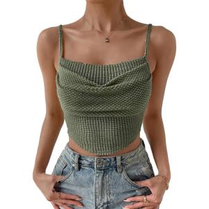 imageSHENHE Womens Crochet See Through Hollow Out Square Neck Sleeveless Backless Draped Crop Cami TopArmy Green
