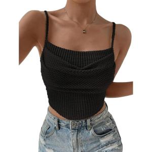 imageSHENHE Womens Crochet See Through Hollow Out Square Neck Sleeveless Backless Draped Crop Cami TopBlack