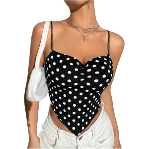 imageSHENHE Womens Eyelet Embroidery Spaghetti Strap Bandana Top Hanky Hem Crop Cami TopBlack Polka Dots