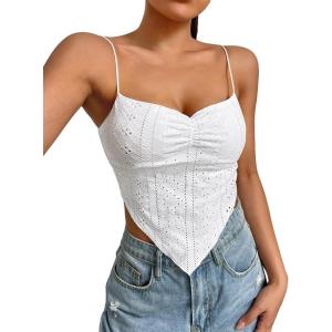 imageSHENHE Womens Eyelet Embroidery Spaghetti Strap Bandana Top Hanky Hem Crop Cami TopWhite