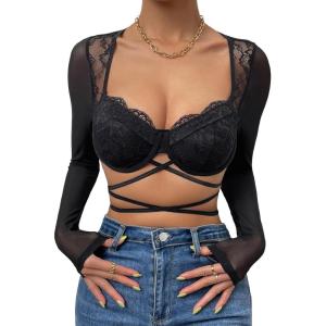 imageSHENHE Womens Floral Lace Sweetheart Neck Criss Cross Long Sleeve Sexy Crop Mesh Tee TopBlack