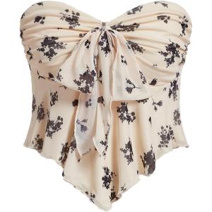 imageSHENHE Womens Floral Strapless Tie Front Lettuce Trim Asymmetrical Flare Boho Tube TopApricot