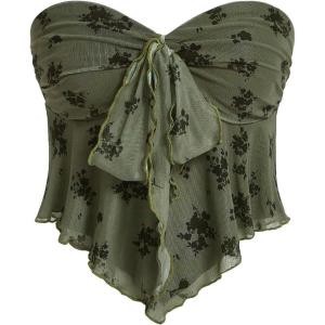 imageSHENHE Womens Floral Strapless Tie Front Lettuce Trim Asymmetrical Flare Boho Tube TopArmy Green