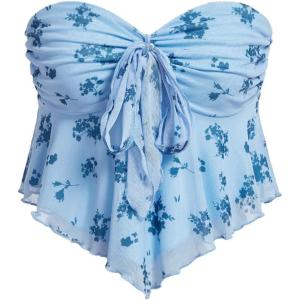 imageSHENHE Womens Floral Strapless Tie Front Lettuce Trim Asymmetrical Flare Boho Tube TopLight Blue