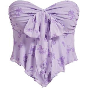 imageSHENHE Womens Floral Strapless Tie Front Lettuce Trim Asymmetrical Flare Boho Tube TopMauve Purple