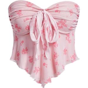 imageSHENHE Womens Floral Strapless Tie Front Lettuce Trim Asymmetrical Flare Boho Tube TopPink