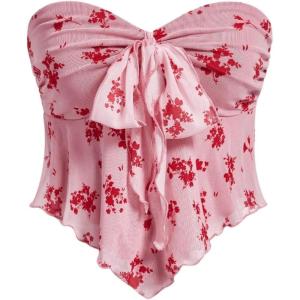 imageSHENHE Womens Floral Strapless Tie Front Lettuce Trim Asymmetrical Flare Boho Tube TopRed