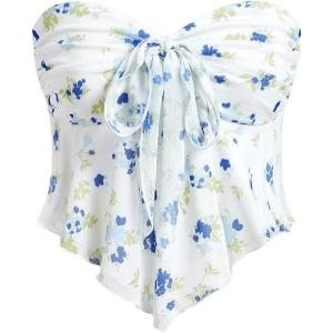 imageSHENHE Womens Floral Strapless Tie Front Lettuce Trim Asymmetrical Flare Boho Tube TopWhite