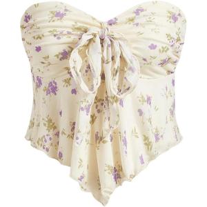 imageSHENHE Womens Floral Strapless Tie Front Lettuce Trim Asymmetrical Flare Boho Tube TopYellow