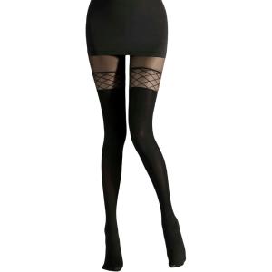 imageSHENHE Womens Mesh Patterned Tights Opaque Thigh High Stockings Pantyhose Leggings Black One Size