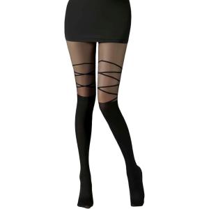 imageSHENHE Womens Mesh Patterned Tights Opaque Thigh High Stockings Pantyhose Leggings Geo Pattern Black One Size