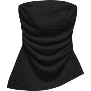 imageSHENHE Womens Strapless Asymmetrical Textured Tube Top Ruched Split Hem Bandeau TopBlack