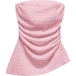 imageSHENHE Womens Strapless Asymmetrical Textured Tube Top Ruched Split Hem Bandeau TopPink