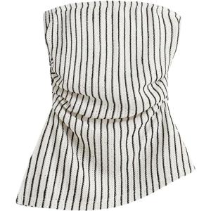 imageSHENHE Womens Strapless Asymmetrical Textured Tube Top Ruched Split Hem Bandeau TopStriped Black White