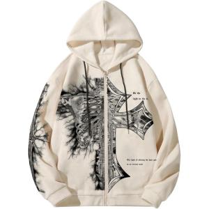 imageSHENHE Mens Graphic Zip Up Cross Print Hoodie Y2k Goth Hoodie Sweatshirt with PocketsApricot