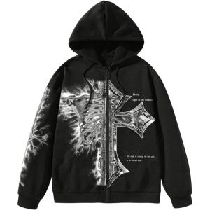 imageSHENHE Mens Graphic Zip Up Cross Print Hoodie Y2k Goth Hoodie Sweatshirt with PocketsBlack