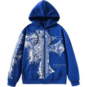 imageSHENHE Mens Graphic Zip Up Cross Print Hoodie Y2k Goth Hoodie Sweatshirt with PocketsBlue