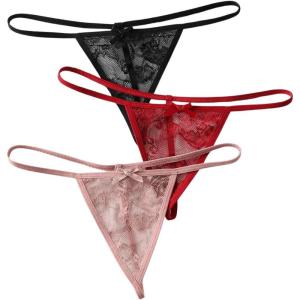 imageSHENHE Womens 3 Pack Lace G String Thongs Low Rise T Back Sexy Panty Bow Tanga UnderwearBlack Red Pink