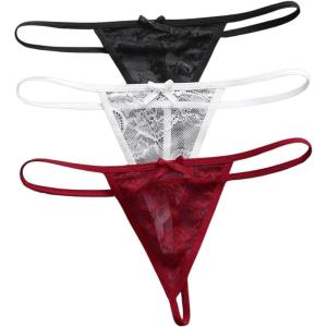 imageSHENHE Womens 3 Pack Lace G String Thongs Low Rise T Back Sexy Panty Bow Tanga UnderwearBlack White Red