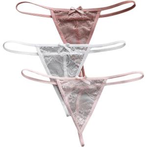 imageSHENHE Womens 3 Pack Lace G String Thongs Low Rise T Back Sexy Panty Bow Tanga UnderwearPink and White