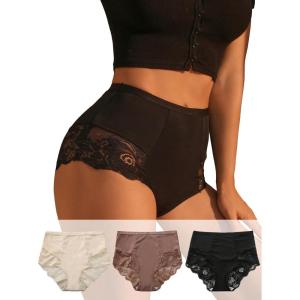 imageSHENHE Womens 3 Packs Contrast Lace High Waist Briefs Underwear Panties SetMulticolor