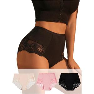 imageSHENHE Womens 3 Packs Contrast Lace High Waist Briefs Underwear Panties SetMulticolor B