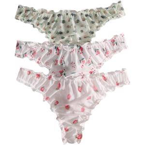 imageSHENHE Womens 3 Packs Sheer Mesh Lettuce Trim Cute Thong Mid Rise PantiesMulticolor