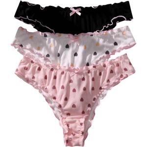 imageSHENHE Womens 3 Packs Underwear Heart Print Cute Panties Lettuce Trim Mid Rise Comfy BriefsBlack White Pink