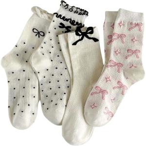 imageSHENHE Womens 4 Pairs Cute Graphic Bow Ruffle Frill Crew SocksMulticolor