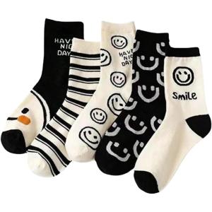 imageSHENHE Womens 5 Pairs Cute Graphic Cartoon Print Novelty Mid Calf Crew Socks SetsWhite and Black