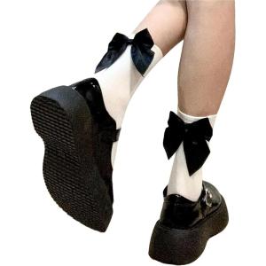 imageSHENHE Womens Bow Decor Crew Socks Soft Cute Dress Socks Boots Socks Breathable SocksWhite