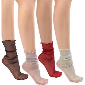 imageSHENHE Womens Glitter Socks Sheer Slouchy Lettuce Trim Sparkly Party Mini Crew SocksBlack Red Multi