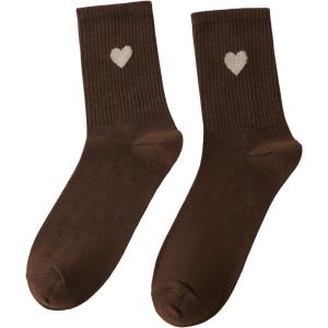 imageSHENHE Womens Heart Print Mid Calf Crew Socks Ribbed Knit Dress Boot SocksCoffee Brown