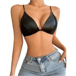 imageSHENHE Womens PU Faux Leather Push Up Brassieres Spaghetti Strap Underwire BrasDark Pu Black