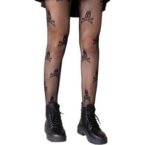 imageSHENHE Womens Patterned Fishnet Tights High Waist Pantyhose Floral StockingsSkull Black