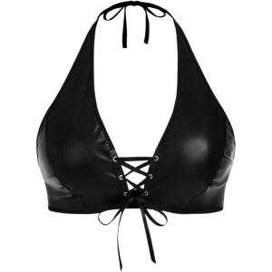 imageSHENHE Womens Plus Size PU Leather Halter Wireless Bra Lace Up Backless Bralette Crop TopBlack