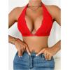 imageSHENHE Womens Halter Neck Lace Plunge Bralette Front Closure Unpadded Wireless BraRed