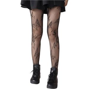 imageSHENHE Womens 1pc Sheer Mesh Pattern Tights High Waist Fashionable Sexy Streetwear Fishnet StockingsButterfly Flower Black