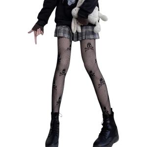 imageSHENHE Womens 1pc Sheer Mesh Pattern Tights High Waist Fashionable Sexy Streetwear Fishnet StockingsSkull Fishnet Black
