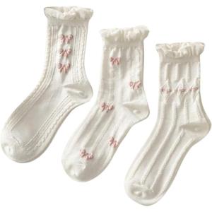 imageSHENHE Womens 3 Pairs Knitted Crew Socks Ruffle Frilly Bow Patterned Soft Ankle SocksWhite