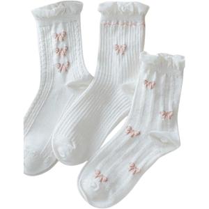 imageSHENHE Womens 3 Pairs Knitted Crew Socks Ruffle Frilly Bow Patterned Soft Ankle SocksWhite a