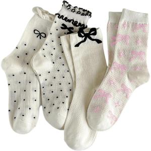 imageSHENHE Womens 4 Pairs Polka Dots Frilly Socks Lettuce Trim Kawaii Cute Bow Crew SocksWhite