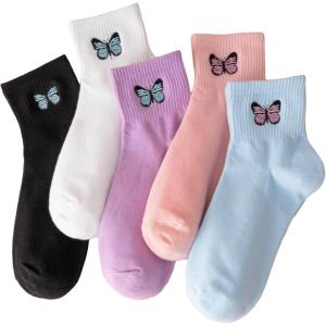 imageSHENHE Womens 5 Pairs Graphic Letter Print Athletic Running Mid Calf Crew SocksButterfly Embroidery